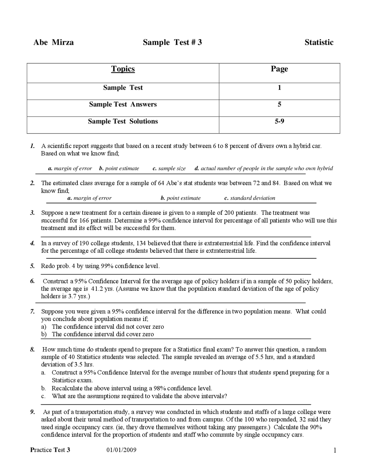 Sample Test 3 for Elementary Statistics | MATH 0013 - Docsity