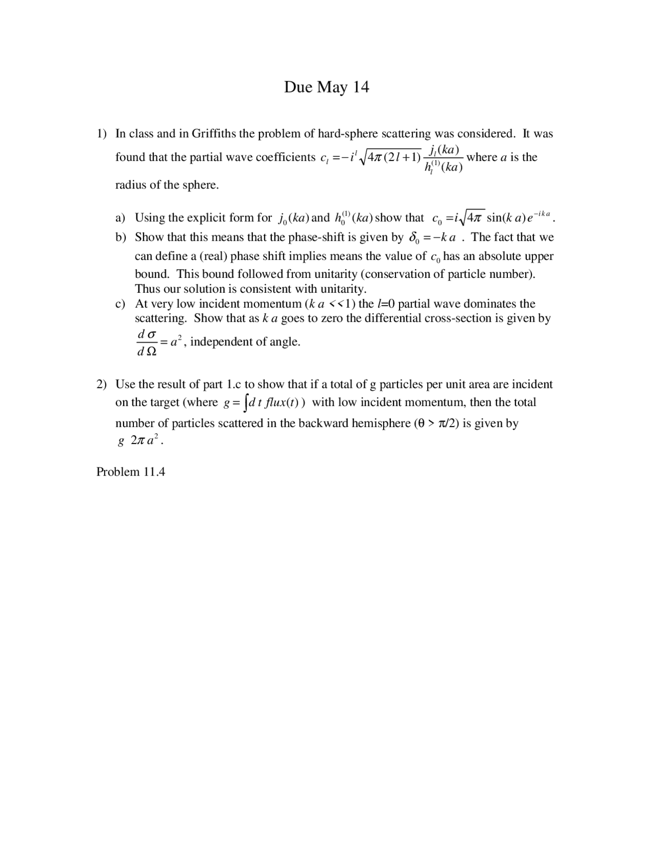Problem Set 13 Quantum Physics II PHYS 402 Docsity