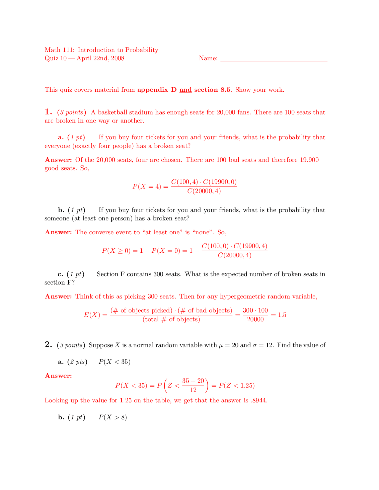 Solved Quiz 10 for Introduction to Probability | MATH 111 - Docsity