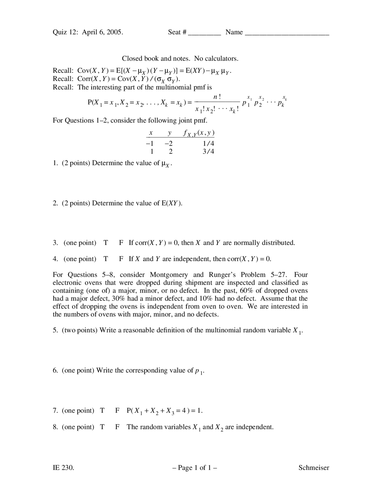 Probability and Statistics In Engineering - Quiz 12 | IE 23000 - Docsity