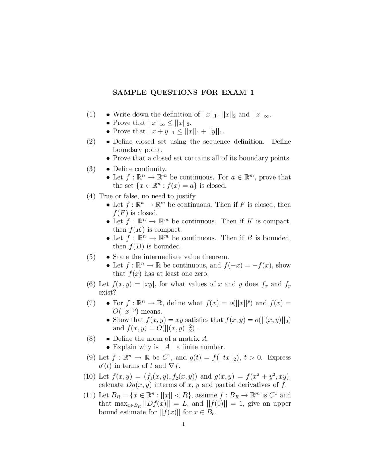 10 Sample Questions for Exam 1 - Advanced Calculus Application | MATH ...