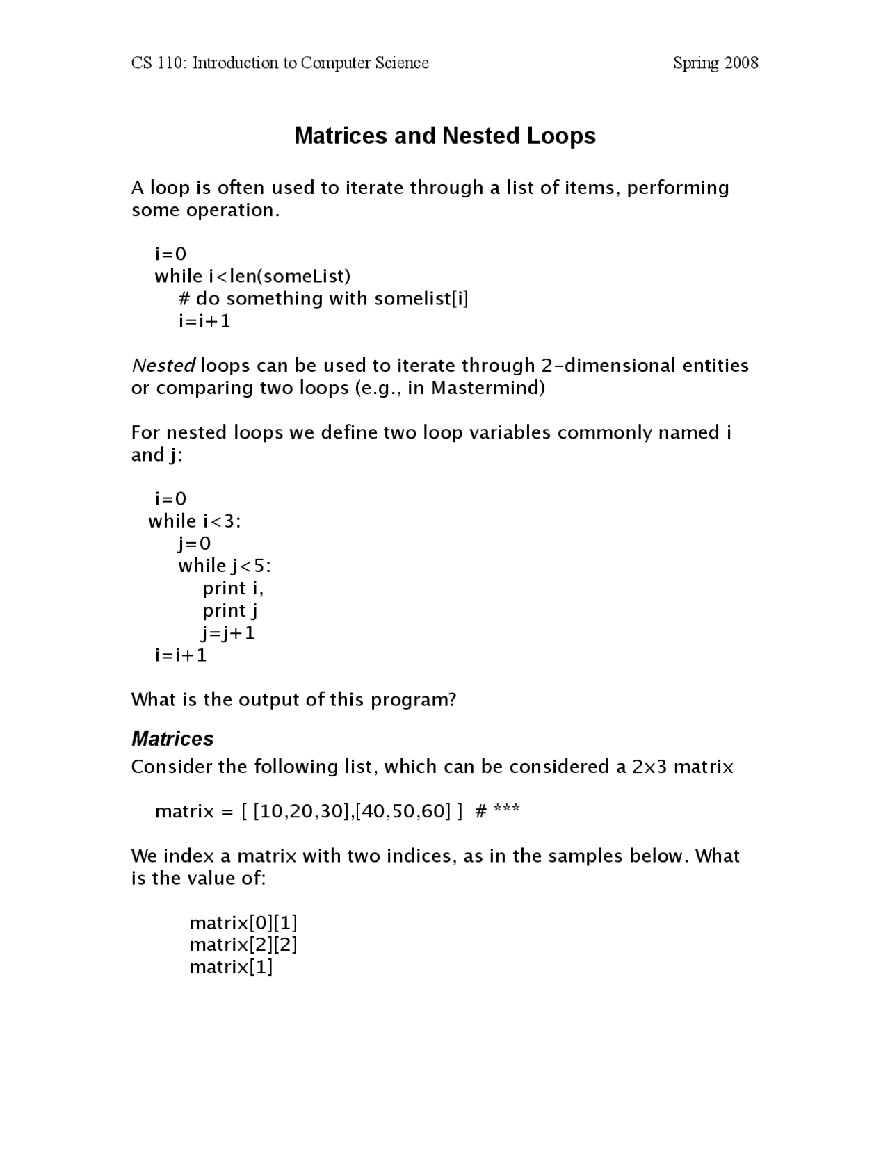 Matrices and Nested Loops - Lecture Notes | CS 110 - Docsity