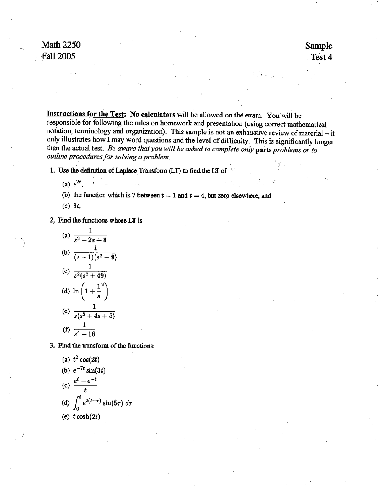 Sample Test Math 2204 Sample Exam 4 - Linear Algebra and Differential Equations | MATH 2250 ...