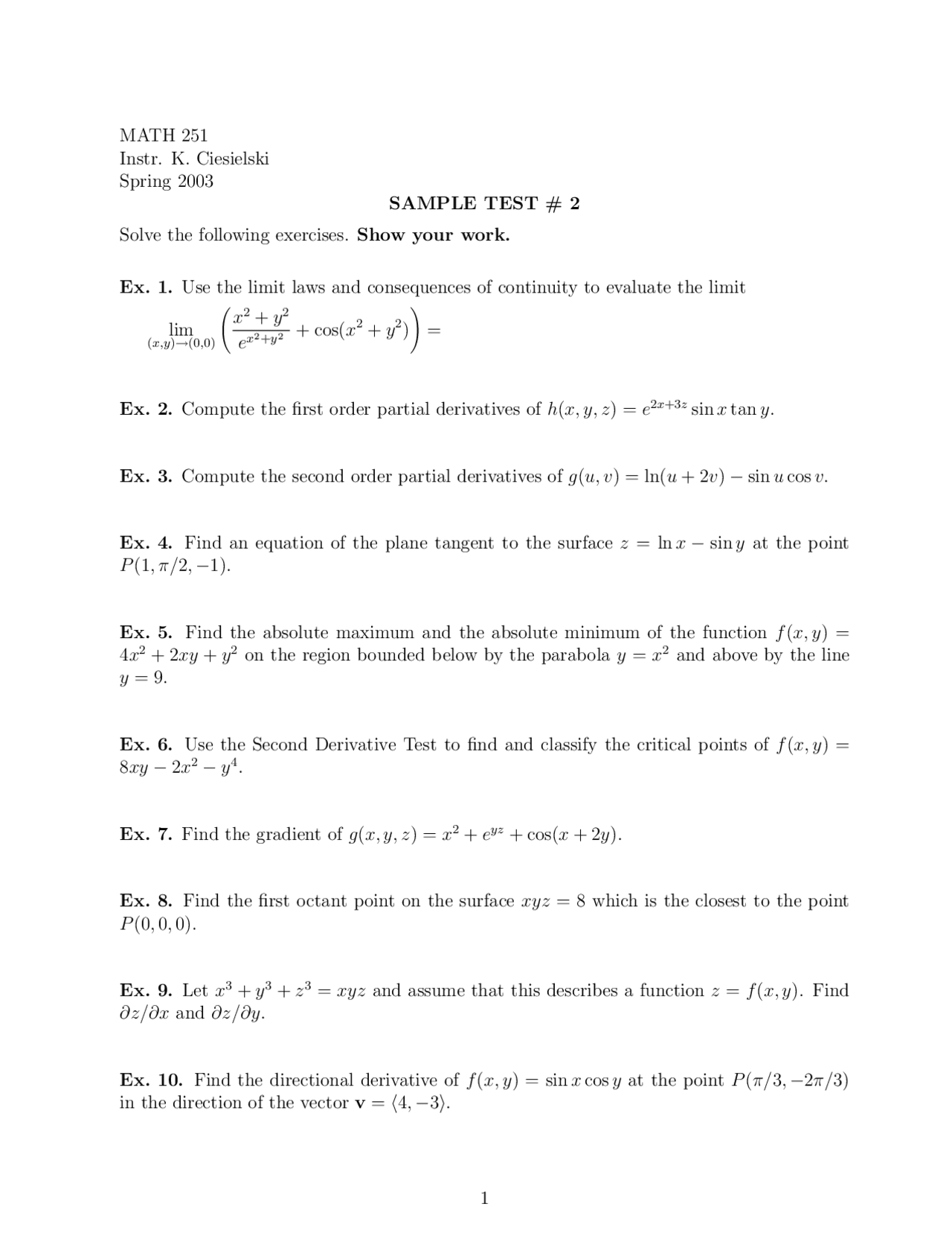 Multivariable Calculus Tests Sample Test 2 for Multivariable Calculus | MATH 251 - Docsity