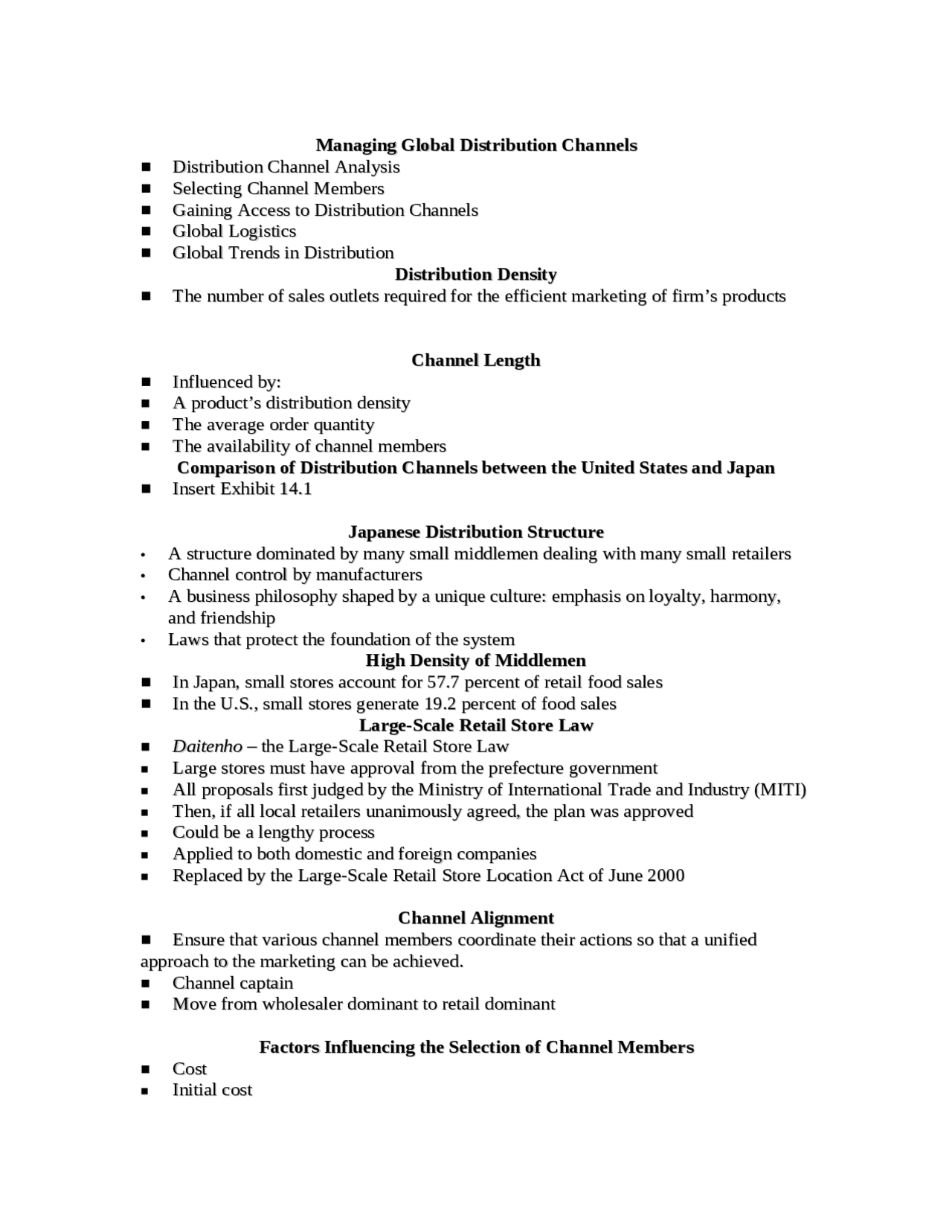 Lecture Notes for Managing Global Distribution Channels | BA 4590 - Docsity