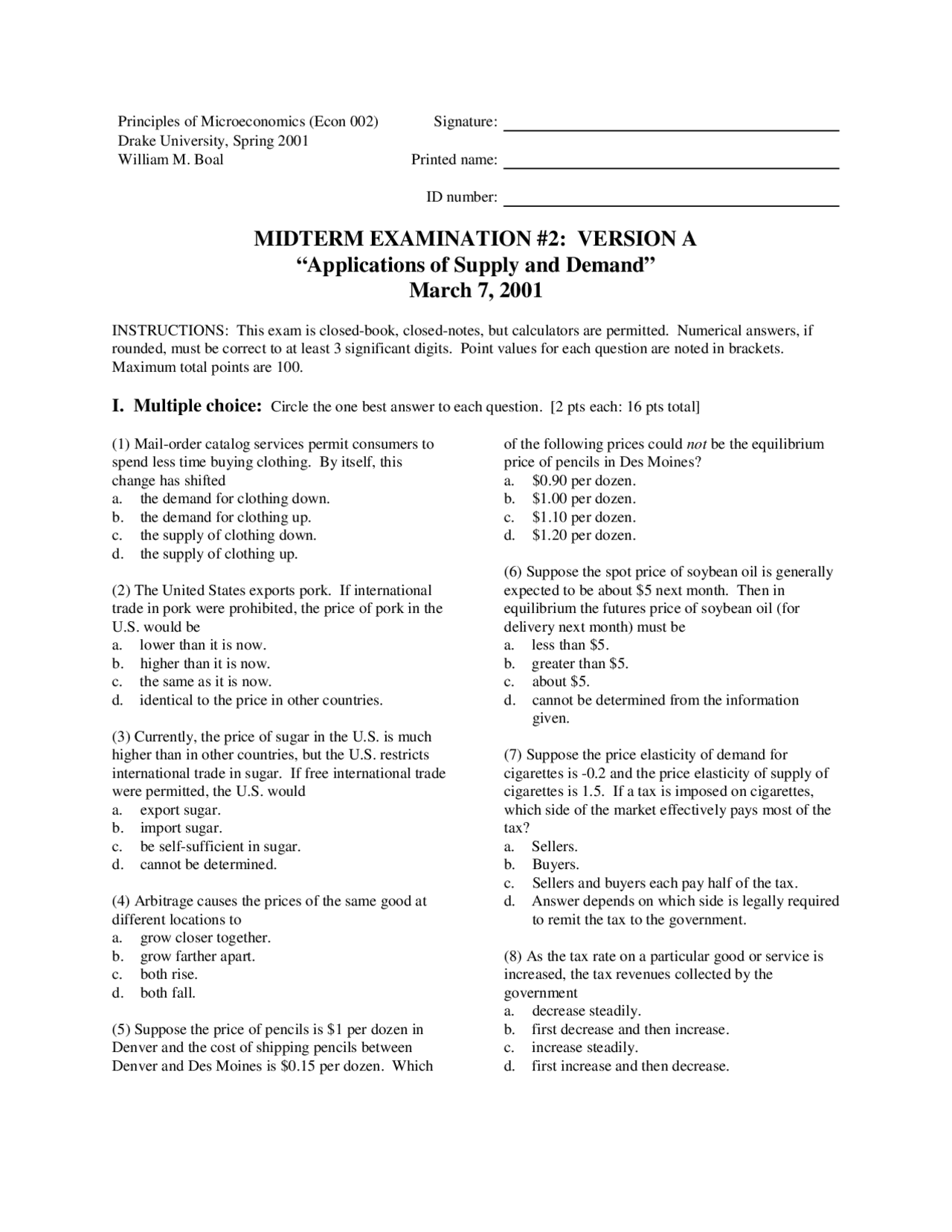 Midterm 2 Version A - Principles of Microeconomics | ECON 002 - Docsity