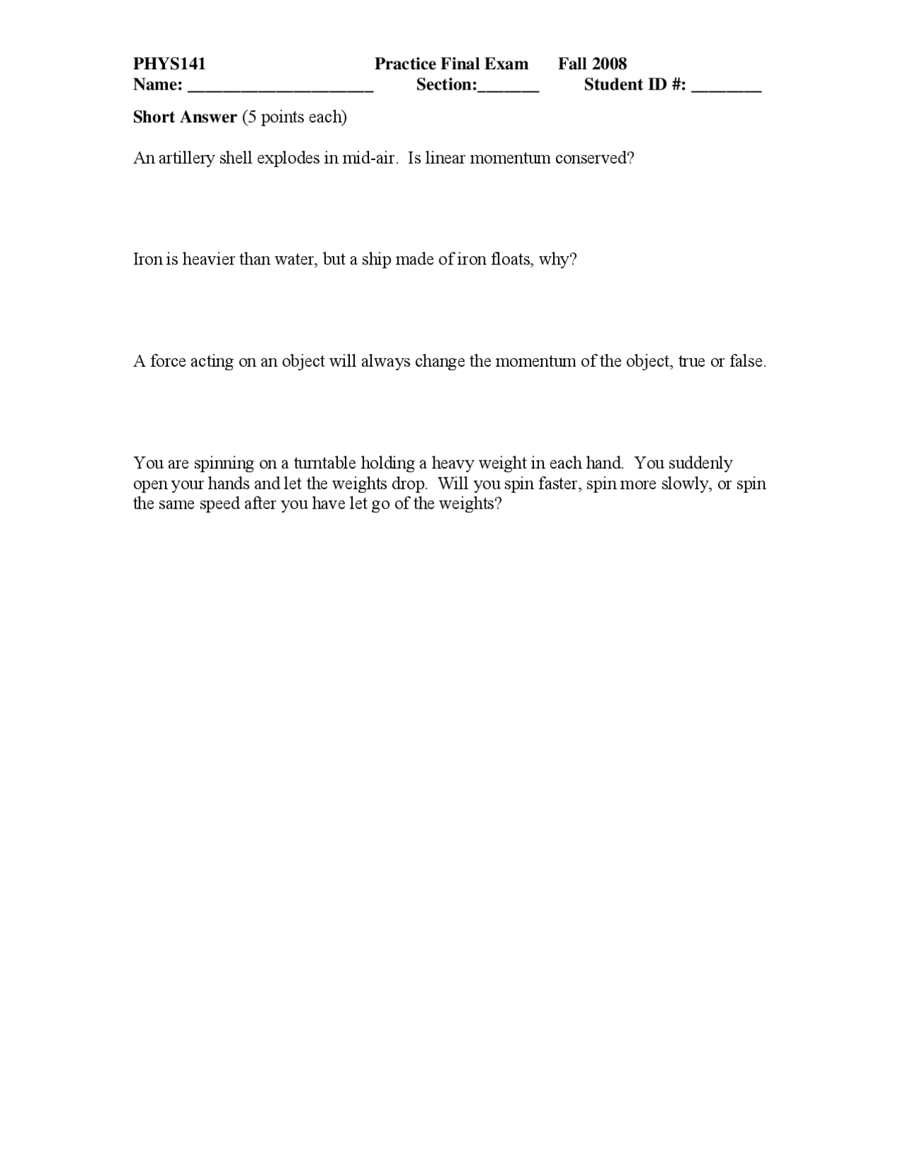 Practice Final Exam Questions - Principles Physics | PHYS 141 - Docsity