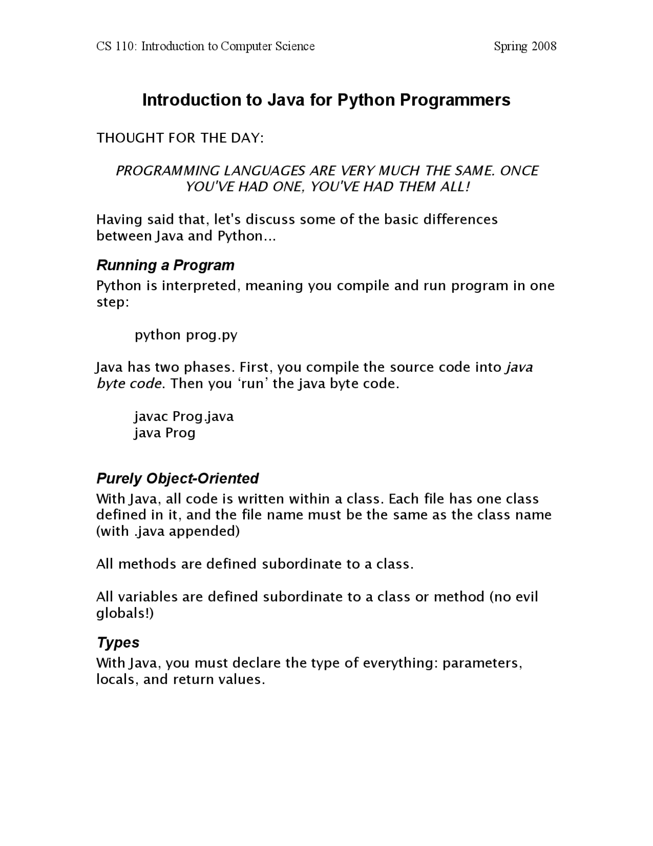 Introduction to Java for Python Programmers - Computer Science I | CS ...