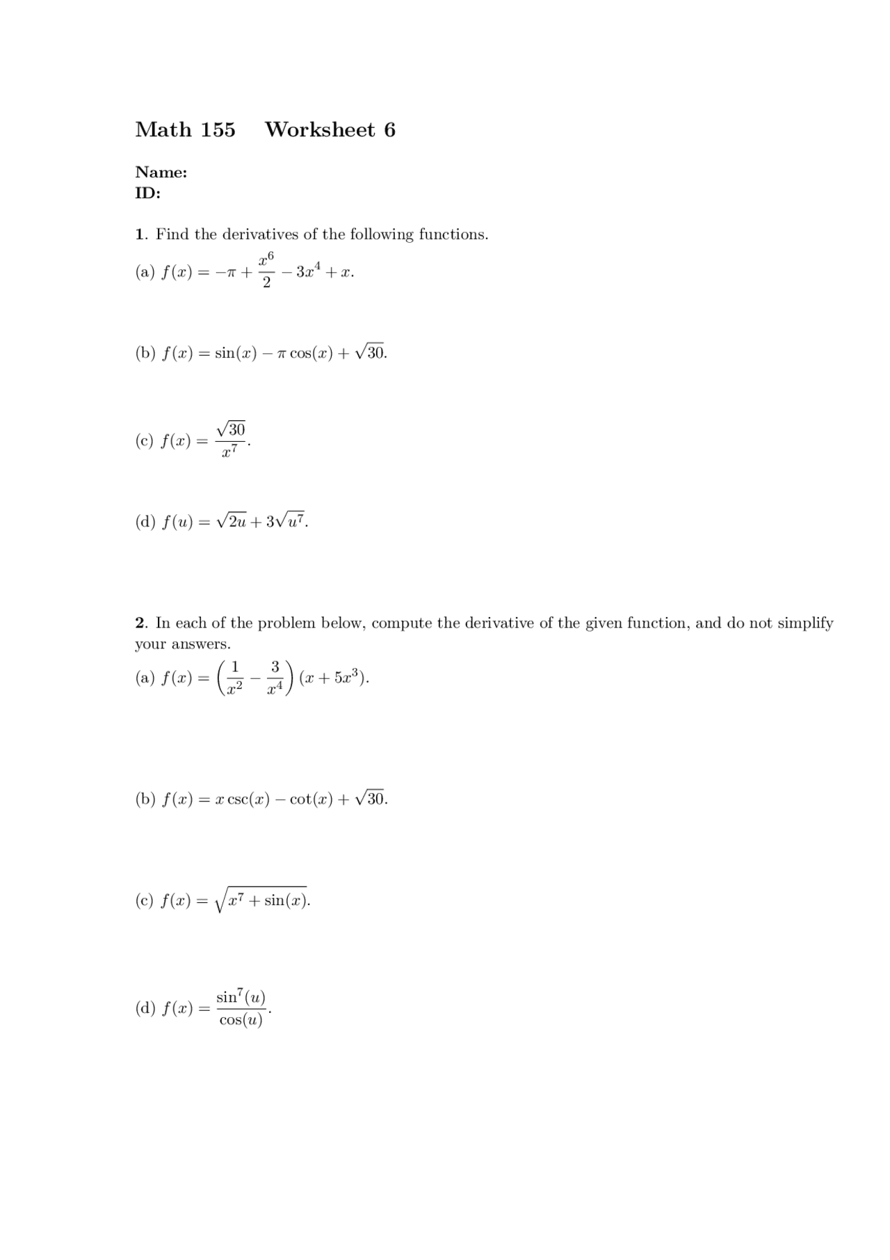 Unsolved Worksheet 6 | Calculus I | MATH 155 - Docsity
