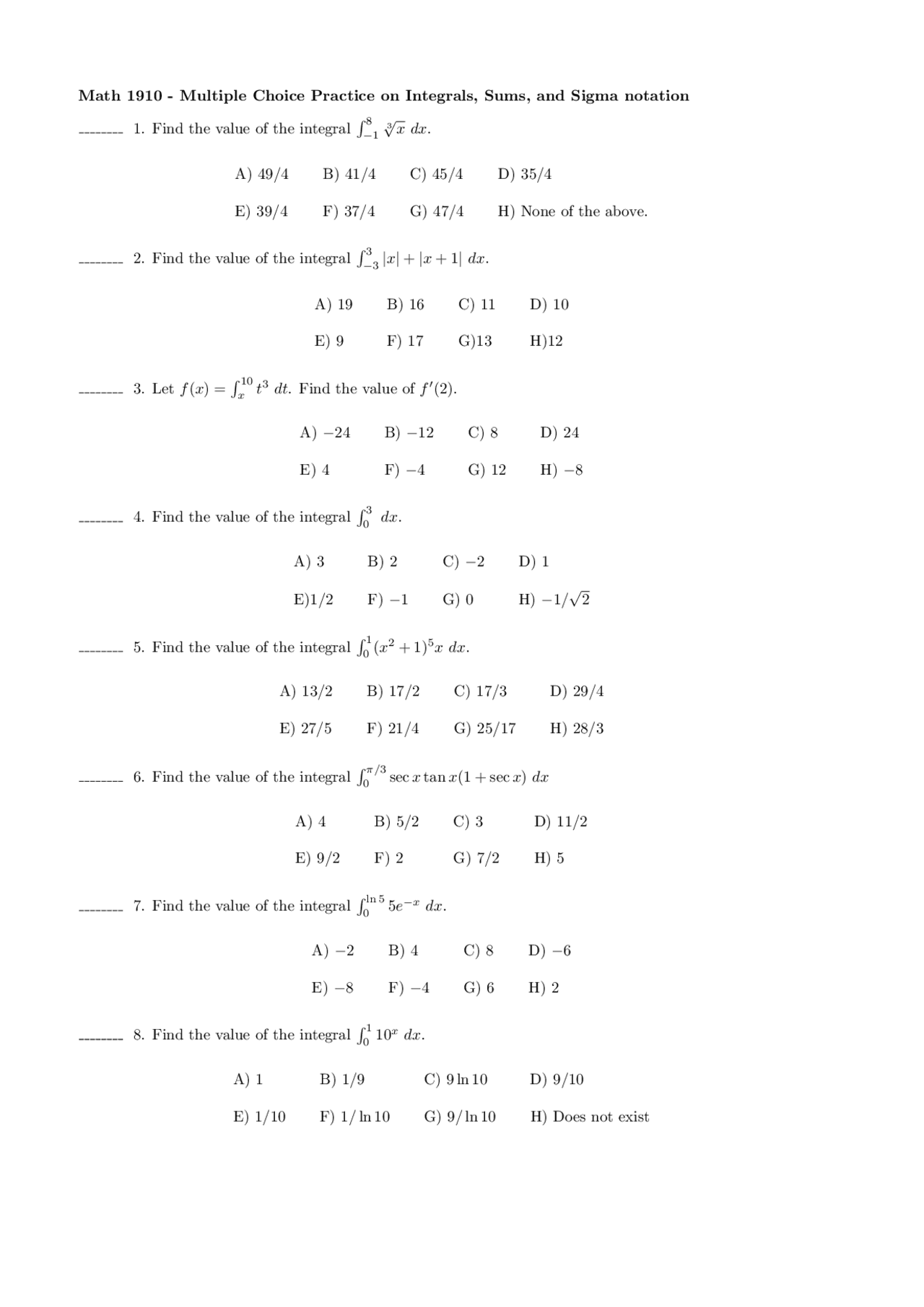 Multiple Choice Practice on Integrals, Sums and Sigma Notation | MATH ...