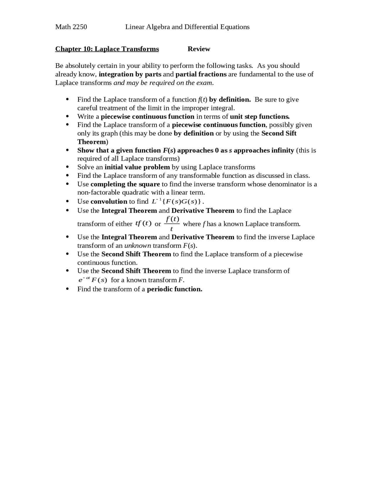 Laplace Transforms Lecture Notes | MATH 2250 | Study notes Linear ...