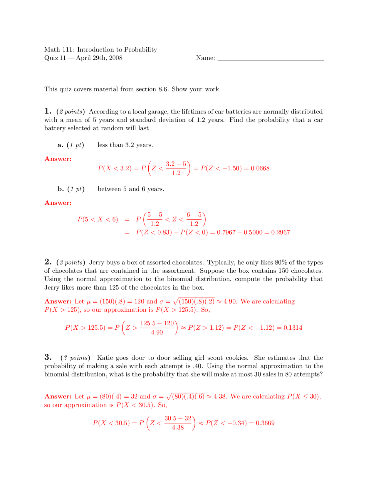 Quiz 11 with Answer Key - Introduction to Probability | MATH 111 - Docsity
