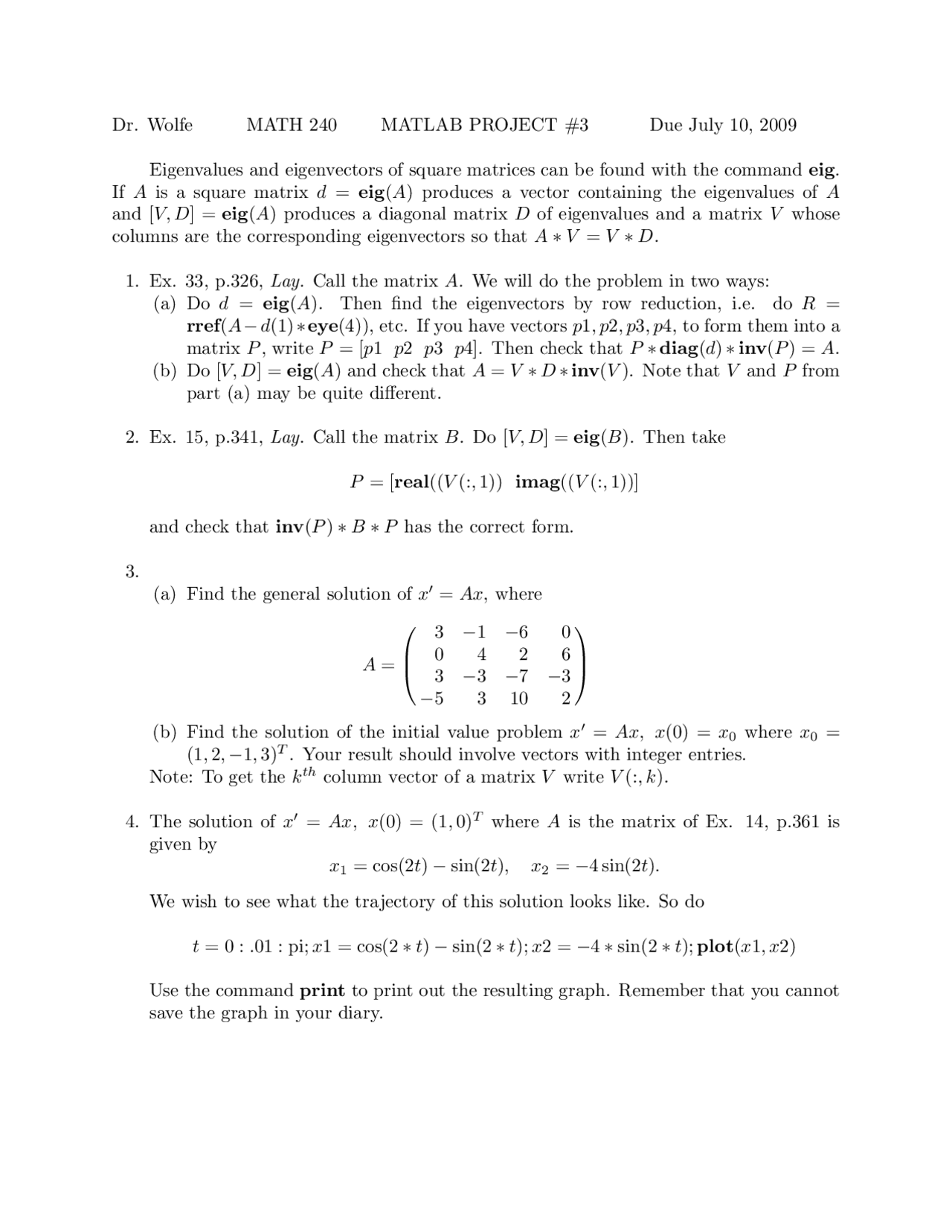 MATLAB Project 3 - Introduction to Linear Algebra | MATH 240 - Docsity