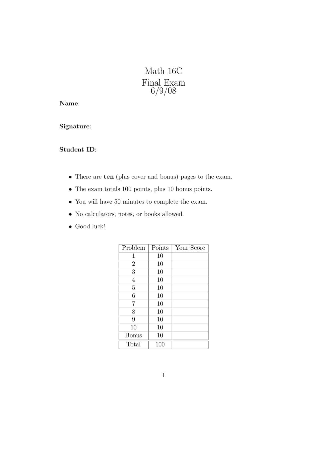 Calculus - Final Exam Questions - Fall 2008 | MAT 016C - Docsity
