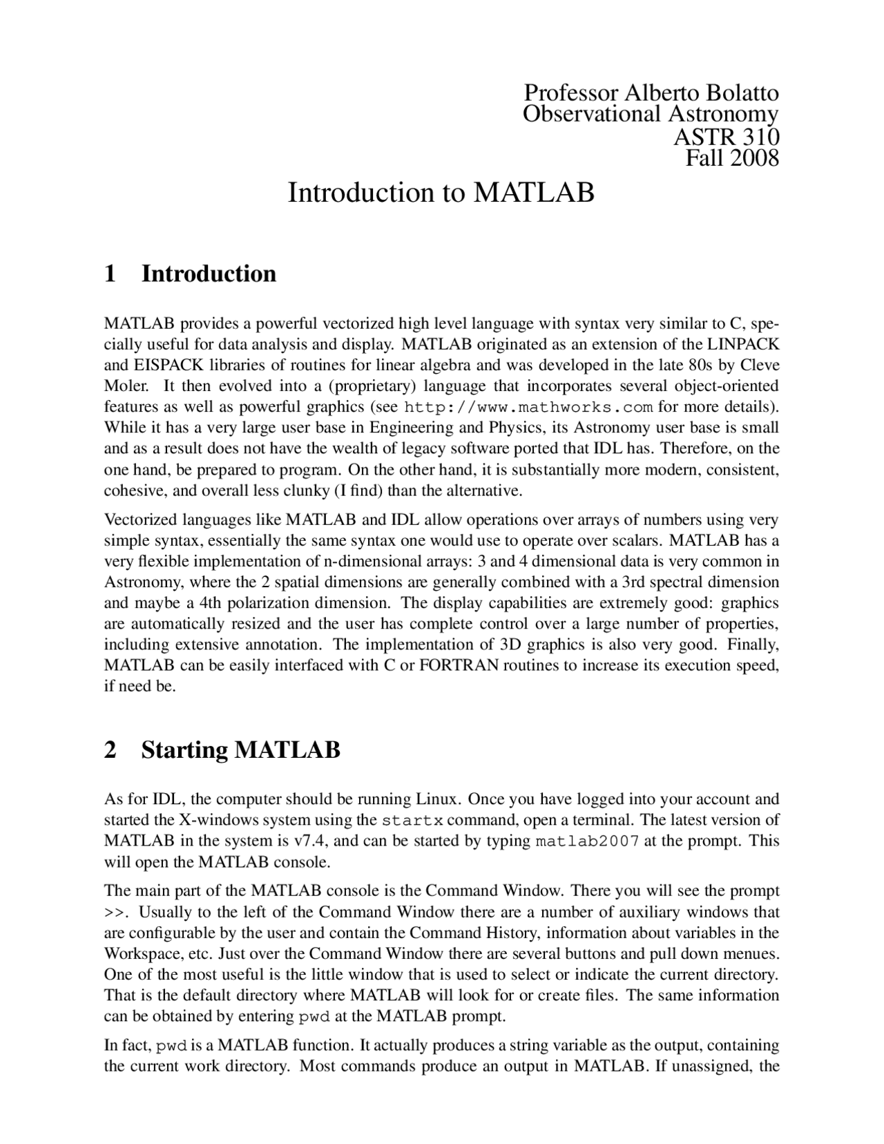 Laboratory: Introduction MATLAB, Input Output, The Very Basics | ASTR ...