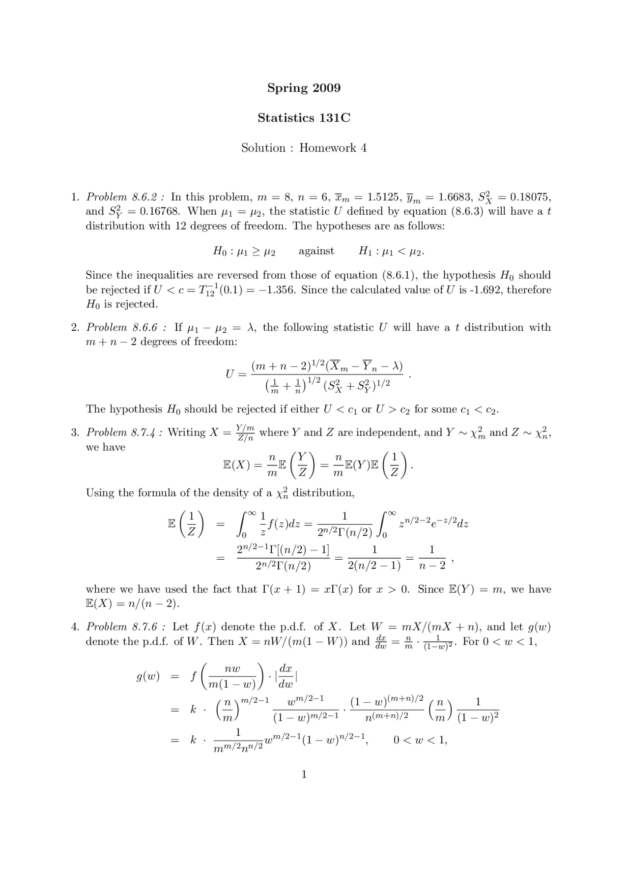 Solutions to Homework #4 - Mathematical Statistics | STA 131C - Docsity
