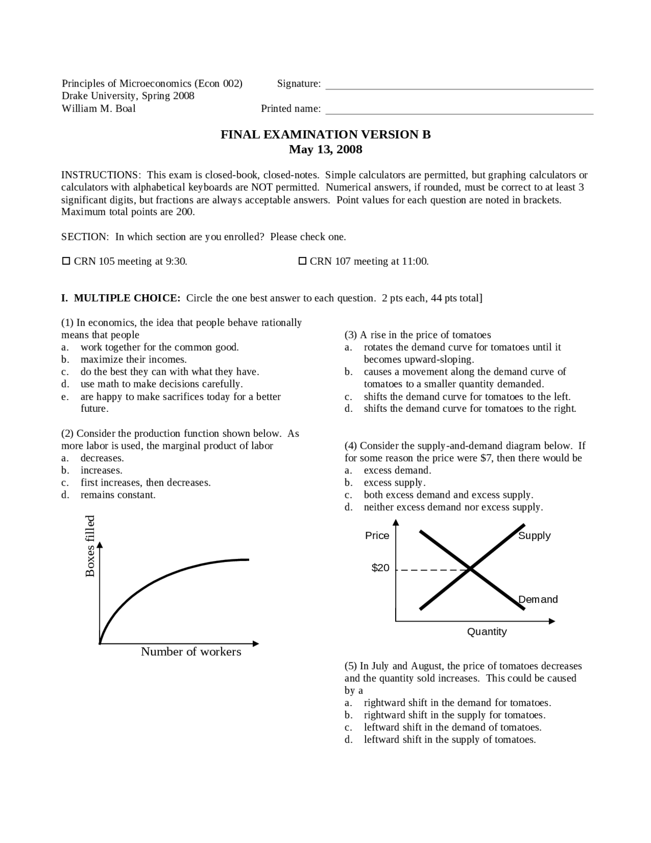 Problems on Principles of Microeconomics - Final Exam | ECON 002 - Docsity