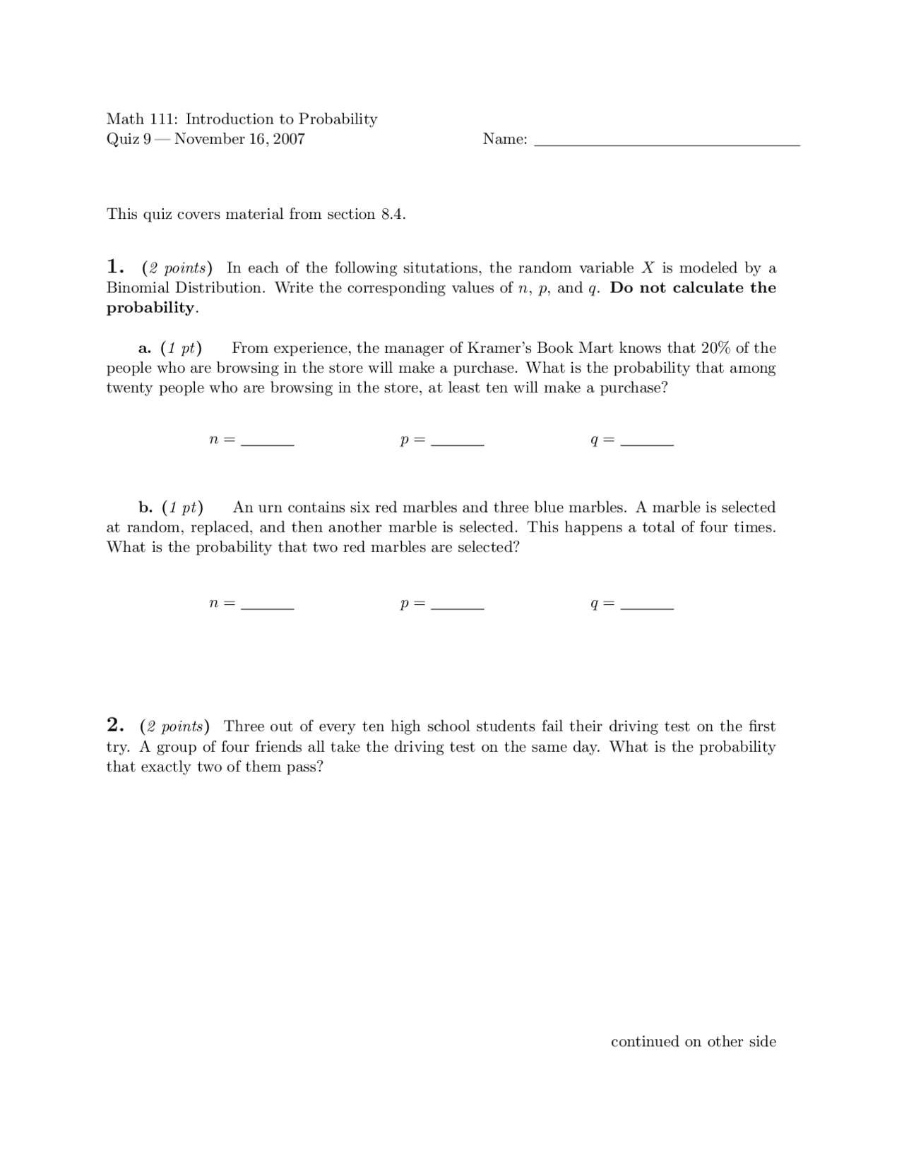 Quiz 9: Probability Distributions in Math 111 | Quizzes Probability and ...