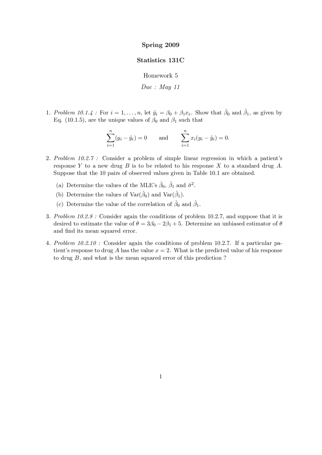 Mathematics Statistics - 4 Questions for Assignment 5 | STA 131C - Docsity