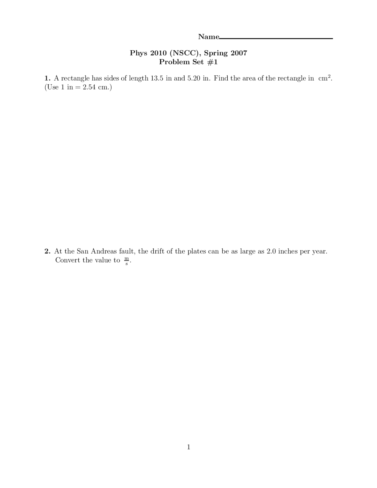 Algebra-based Physics I - Problem Set 1 - Spring 2007 | PHYS 2010 - Docsity