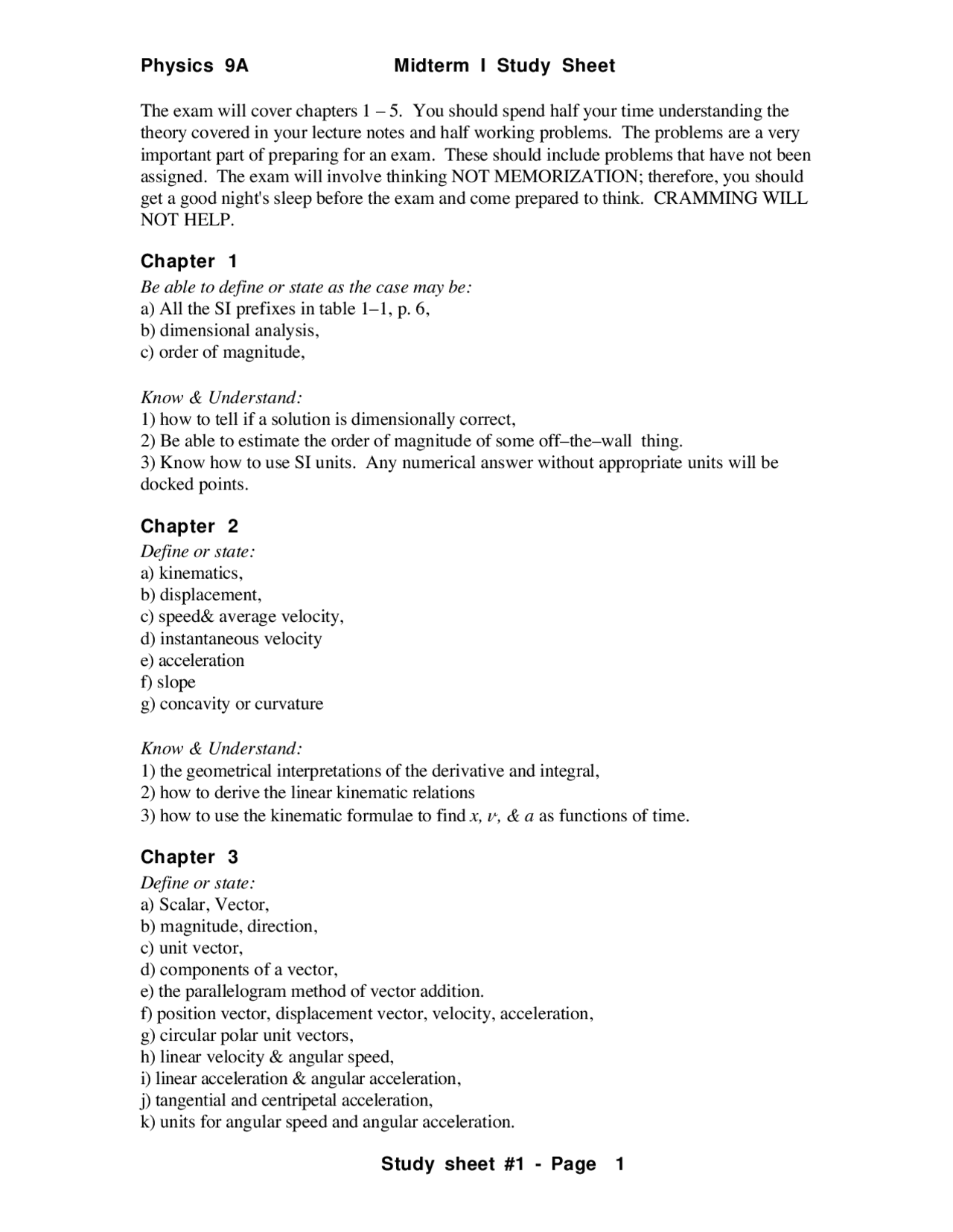 Midterm 1 Study Guide, 5 Chapters Key points - Classical Physics | PHY ...