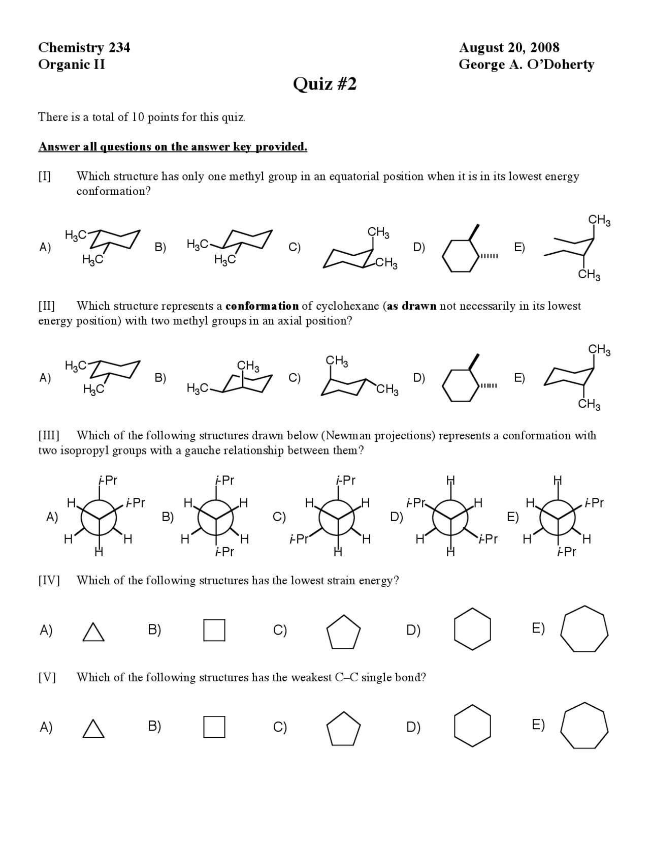 10 Multiple Choice Questions on Organic Chemistry - Quiz 2 | CHEM 234 - Docsity