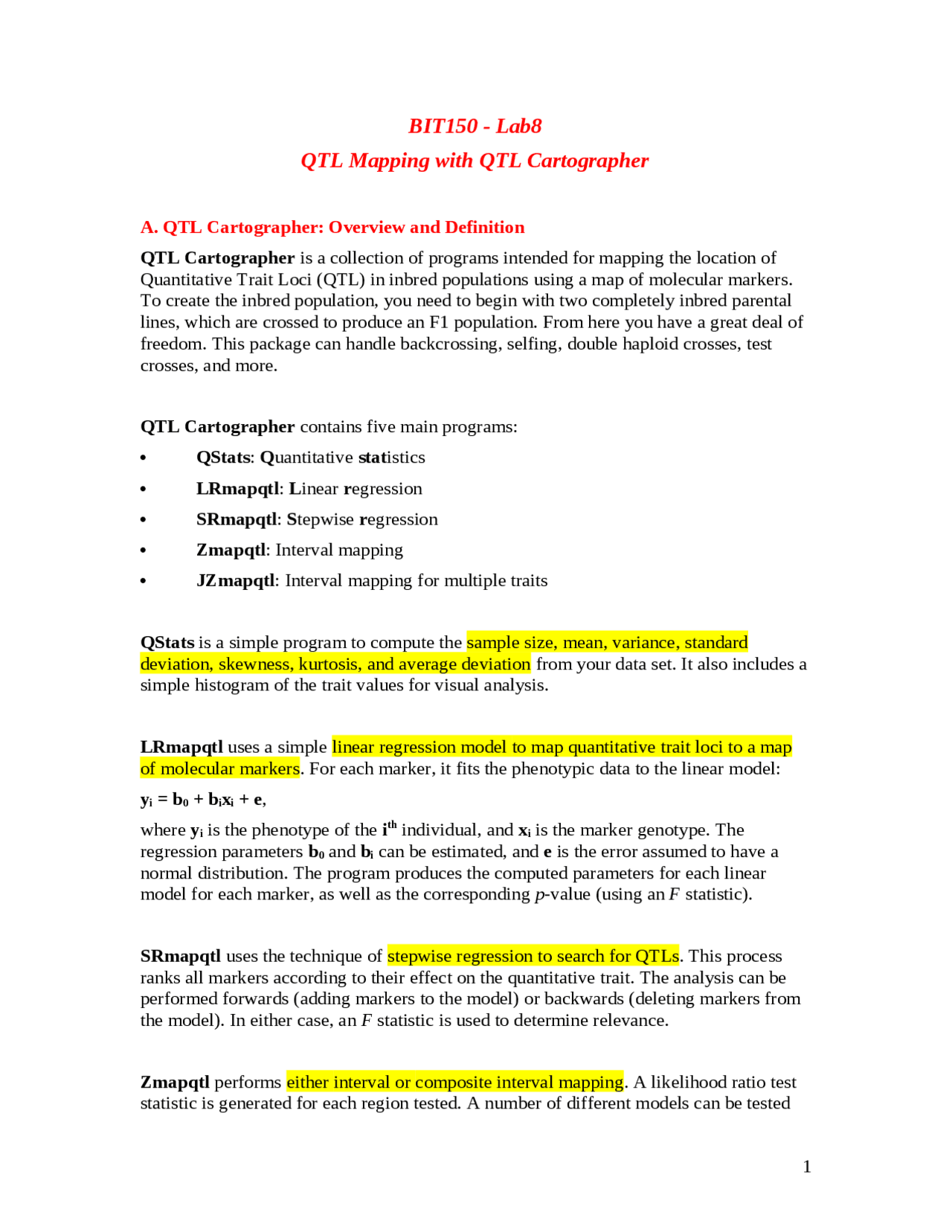QTL Mapping with QTL Cartographer - Lab 8 | BIT 150 - Docsity