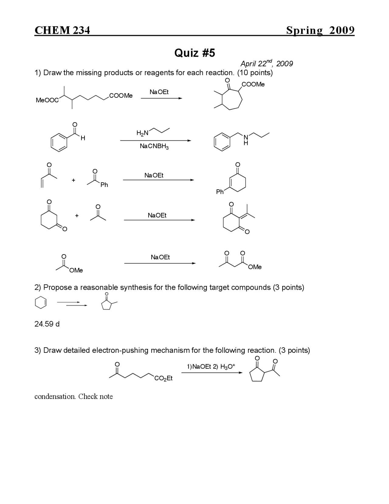 Quiz 5 - 3 Questions on Organic Chemistry | CHEM 234 - Docsity