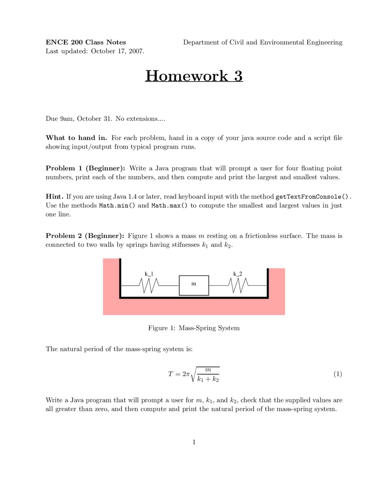 Homework 3 for Civil Engineering and Computation | ENCE 200 - Docsity