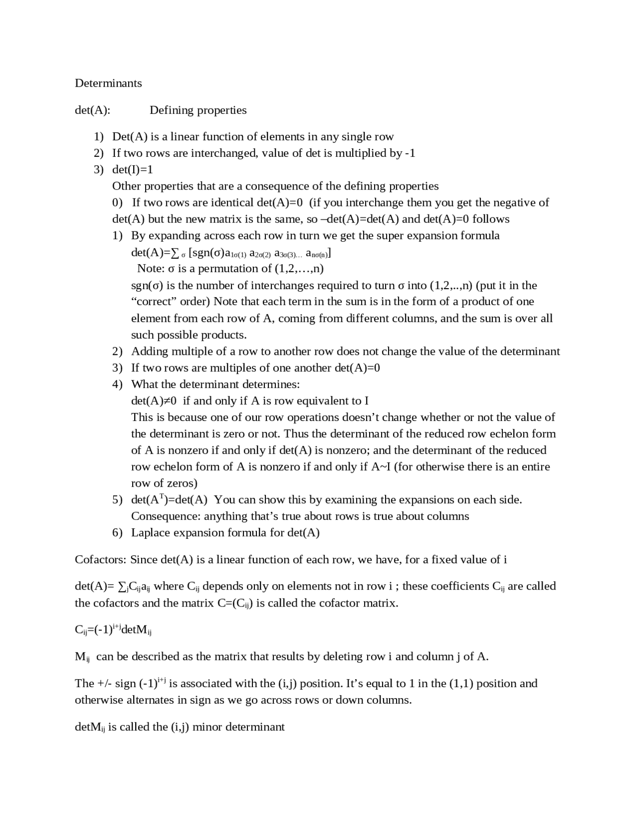 Notes on Determinants - Advanced Calculus | MATH 567 - Docsity