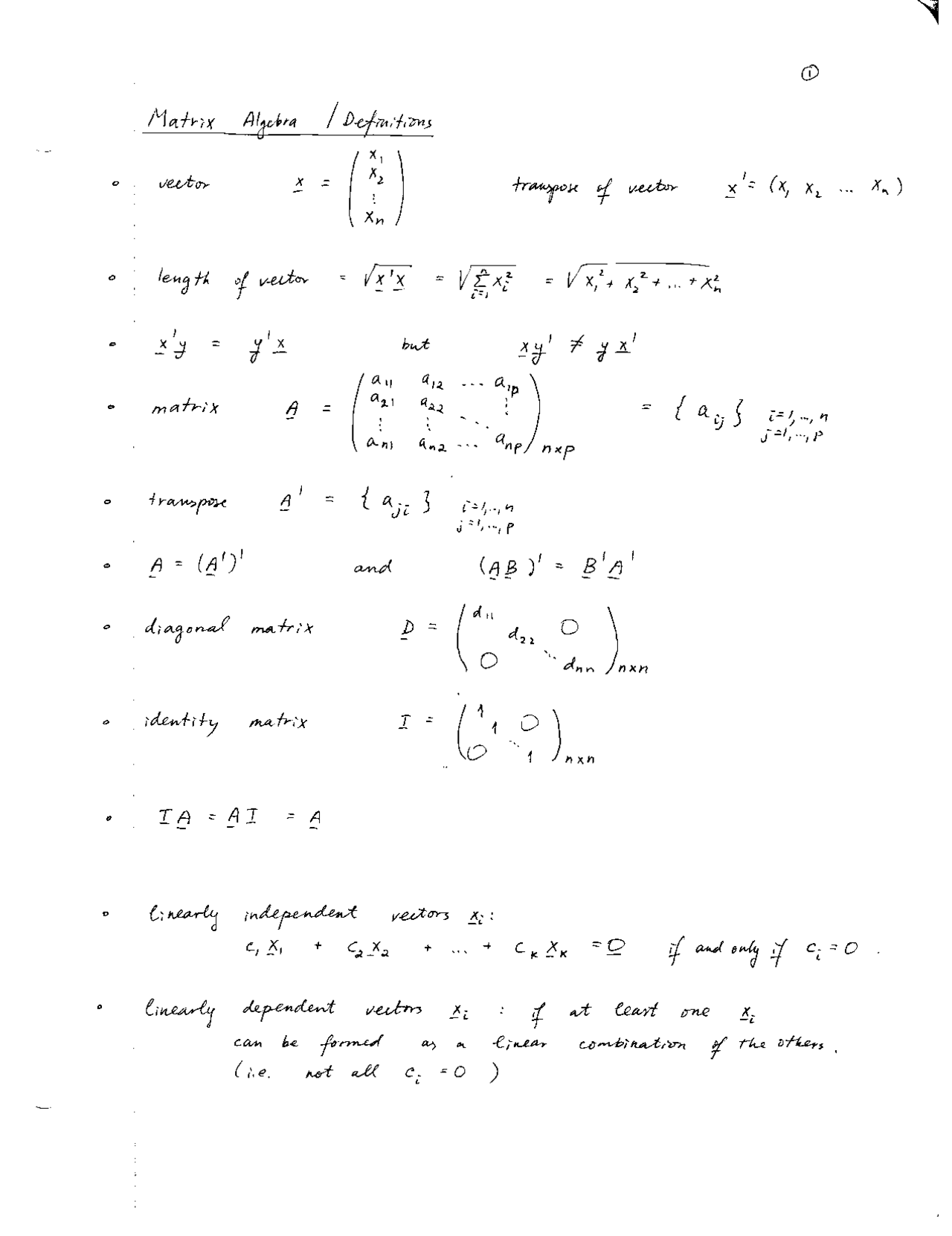 Handwritten Notes on Definitions of Matrix Algebra | STA 135 - Docsity