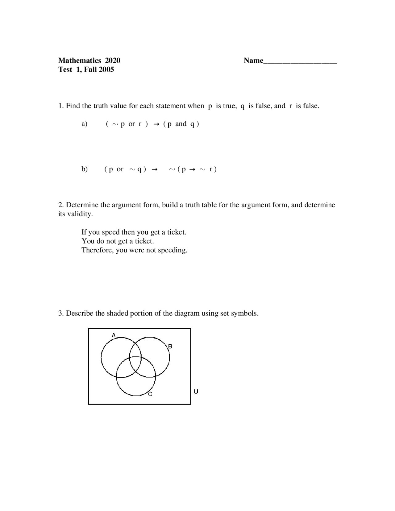 12 Problems on Introduction to Logic and Geometry - Test 1 | MATH 2020 ...