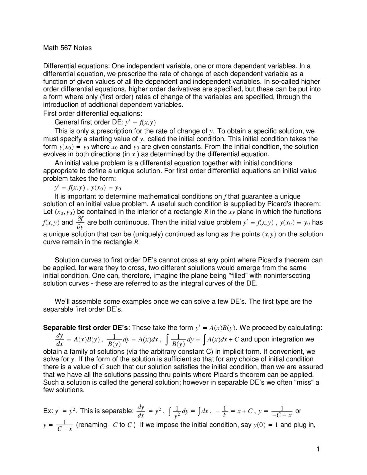 Notes on Differential Equations - Advanced Calculus | MATH 567 - Docsity