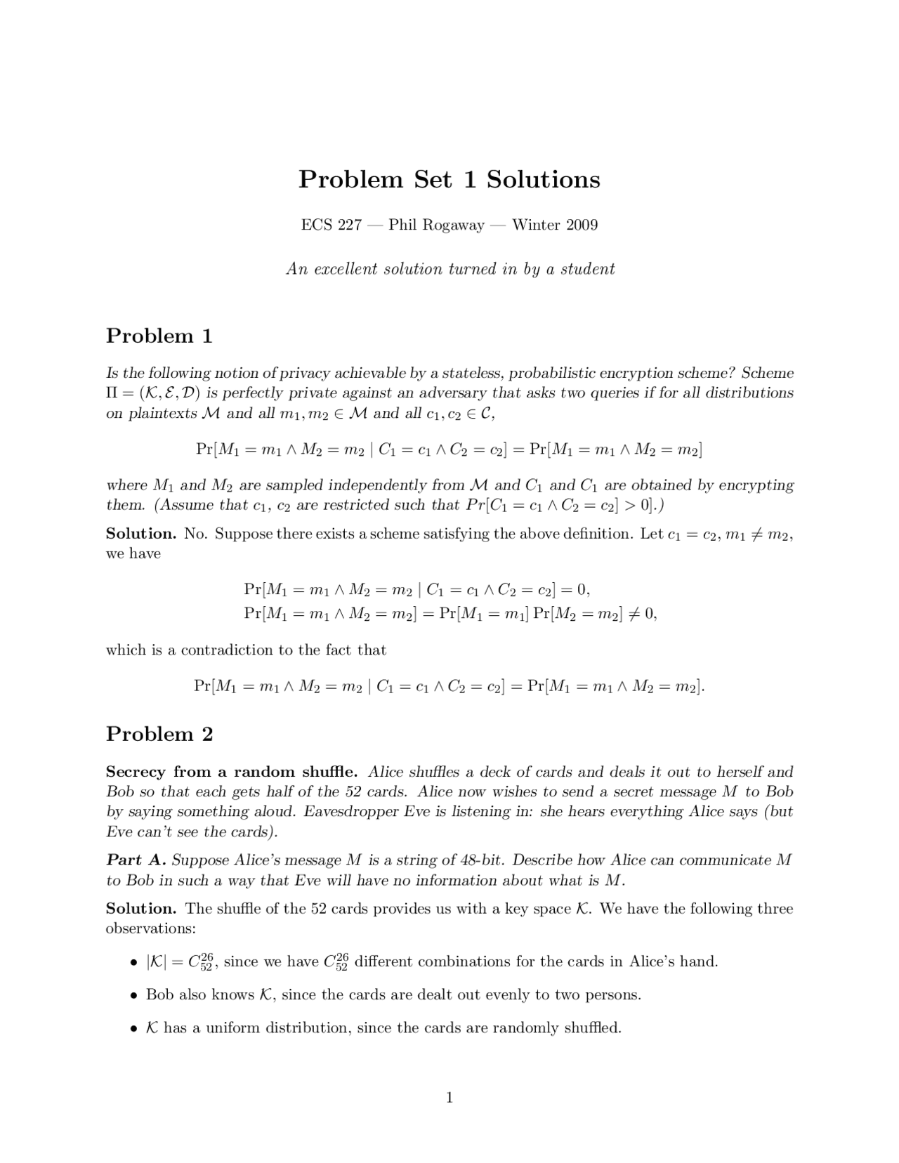 Problem Set 1 Solutions | Modern Cryptography | ECS 227 - Docsity