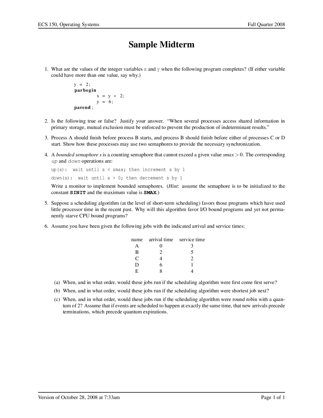 Sample Midterm Exam Questions - Operating Systems | ECS 150 - Docsity