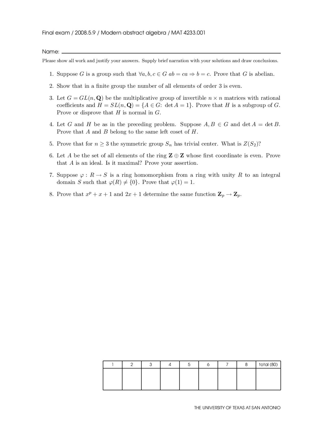 Final Exam Modern Abstract Algebra Fall 08 Mat 4233 Docsity