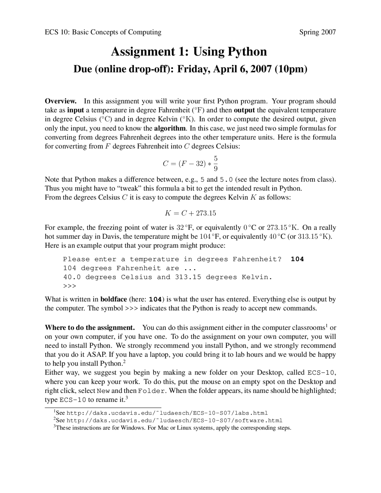 Using Python - Concepts of Computing - Assignment 1 | ECS 010 - Docsity