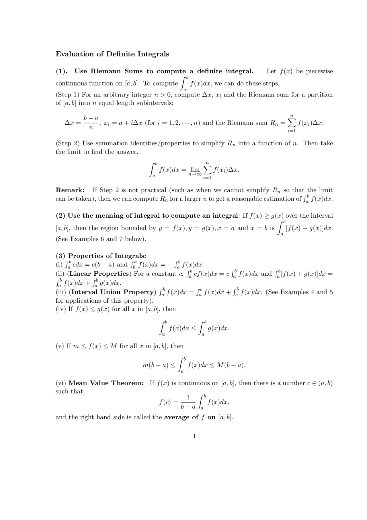 Evaluation of Definite Integrals - Calculus 1 | MATH 155 - Docsity