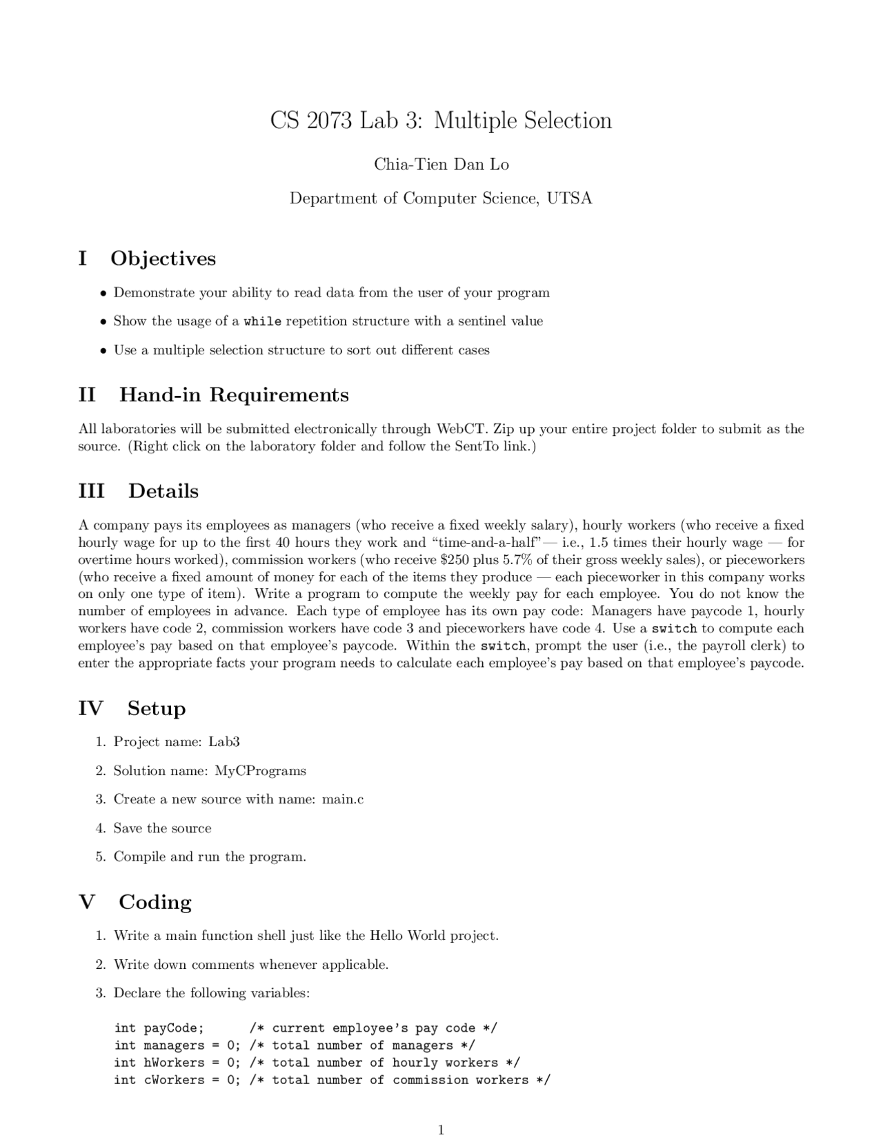 Lab 3: Multiple Selection - Computer Programming | CS 2073 - Docsity