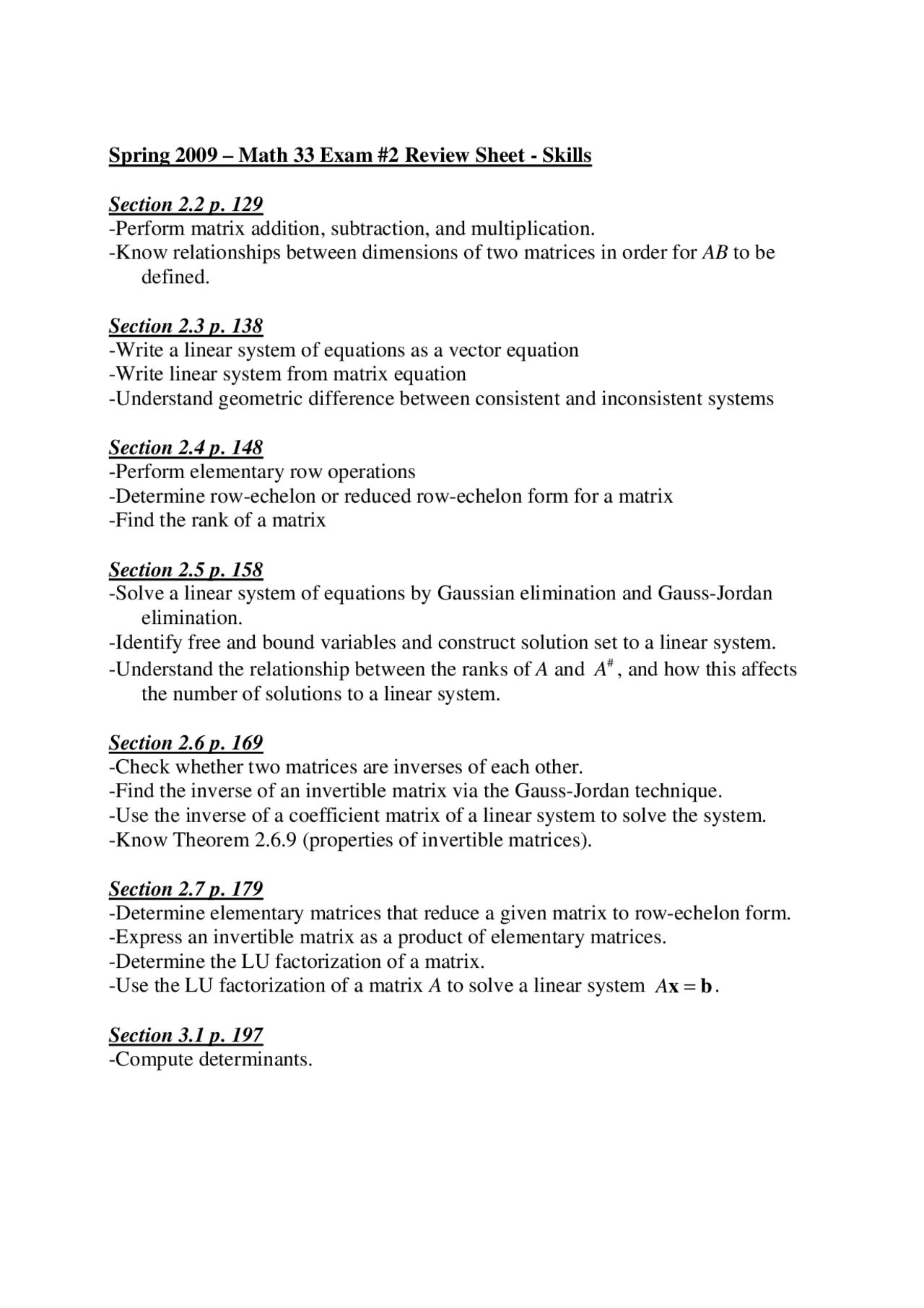 Exam 2 Review Sheet - Differential Equations and Linear Algebra | MATH ...