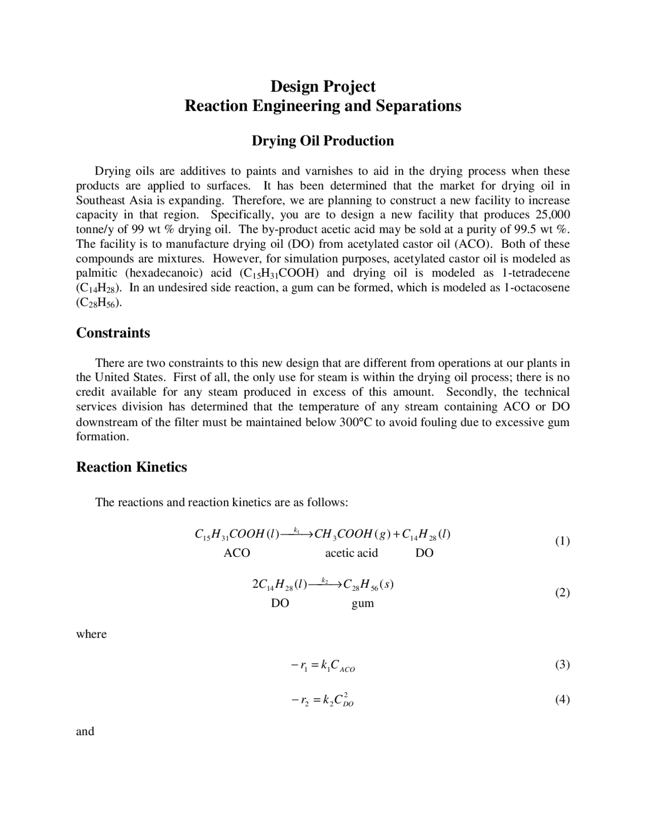 Design Project Reaction Engineering and Separation | CHE T312 - Docsity