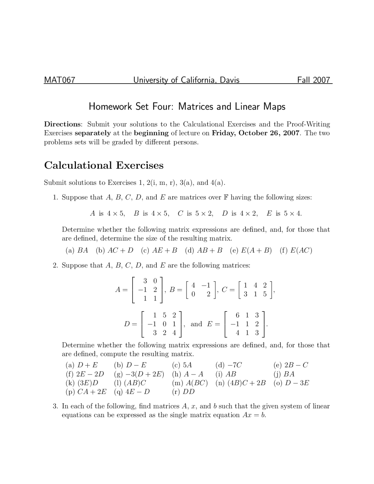 Matrices and Linear Maps - Modern Linear Algebra - Homework Set 4 | MAT ...