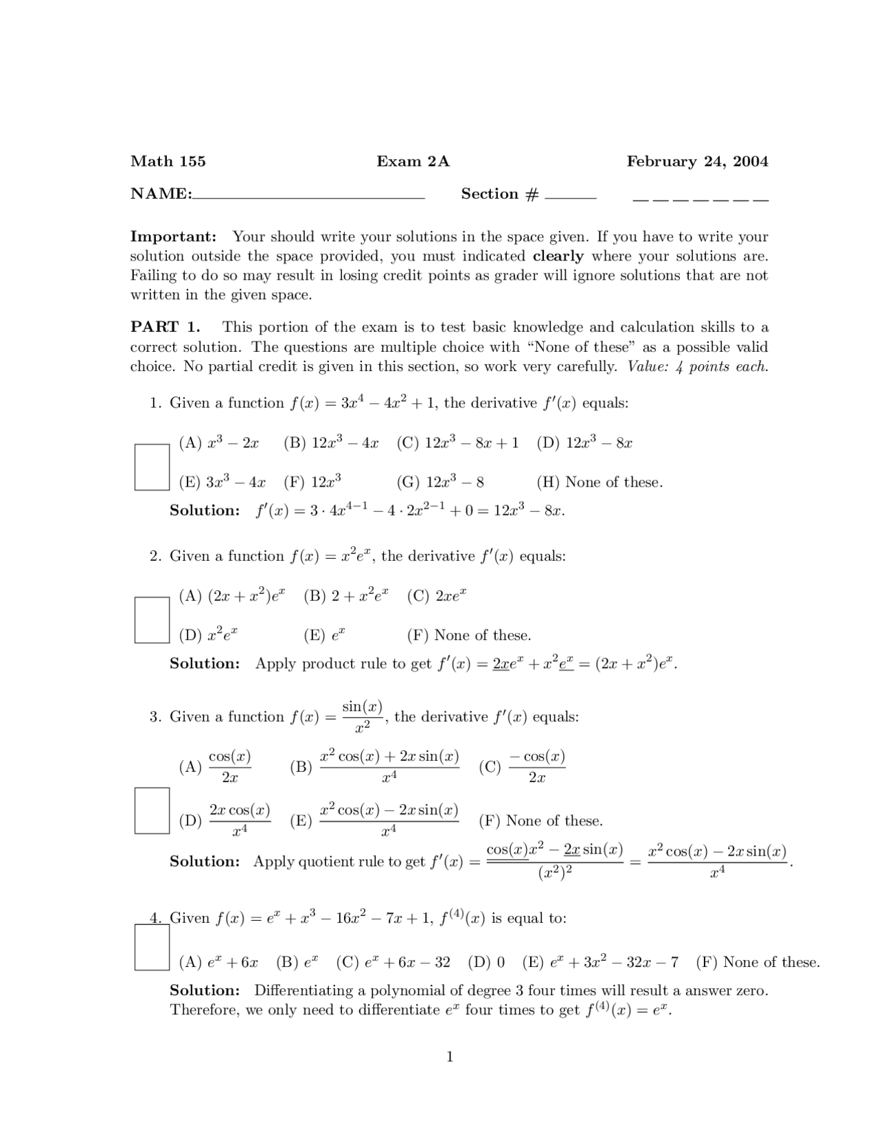 15 Solved Questions on Calculus 1 - Exam 2 | MATH 155 - Docsity