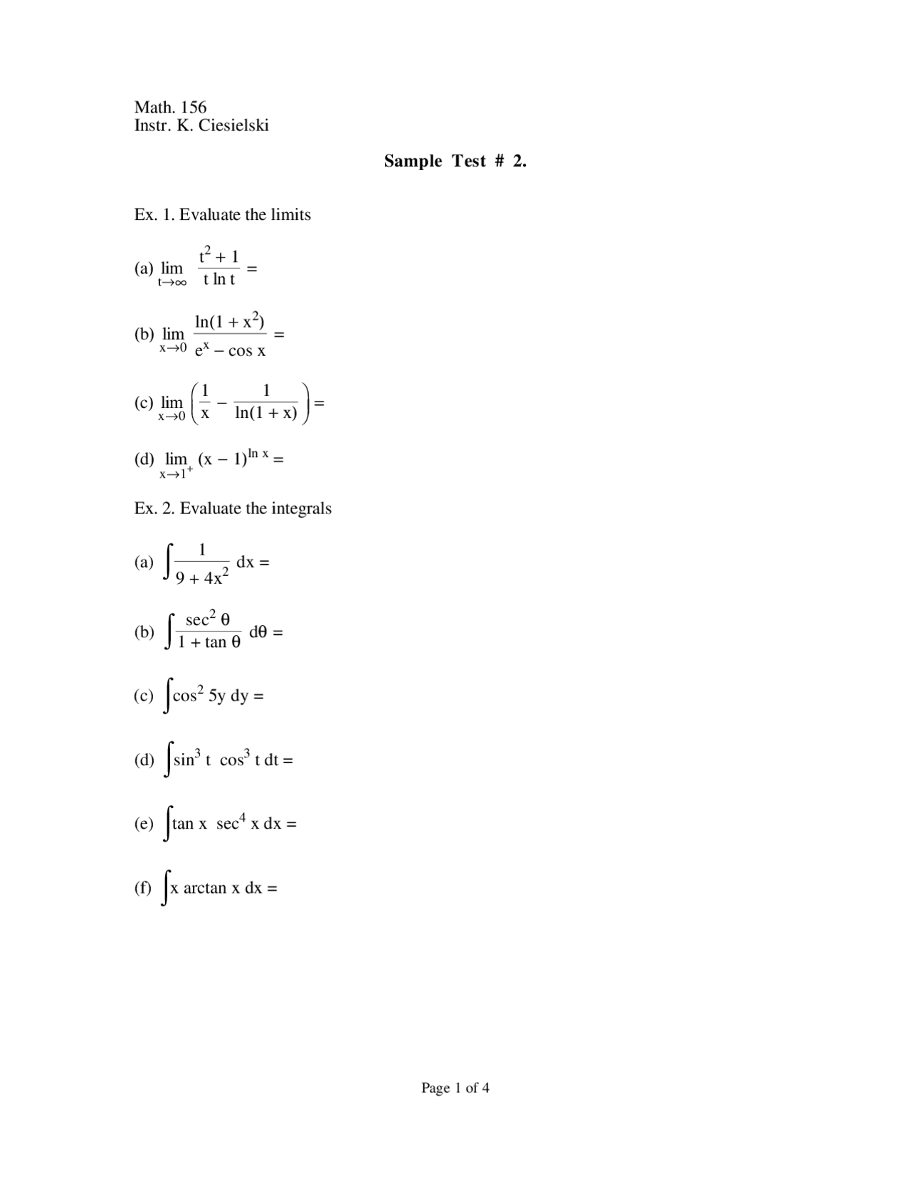 Calculus Test Example Calculus 2 - Questions for Sample Test 2 | MATH 156 - Docsity