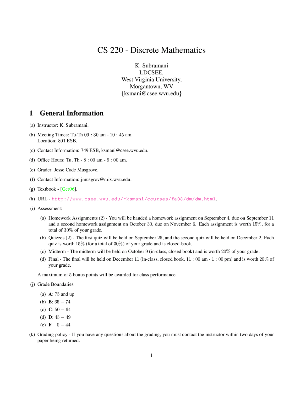 General Information - Discrete Mathematics | CS 220 - Docsity