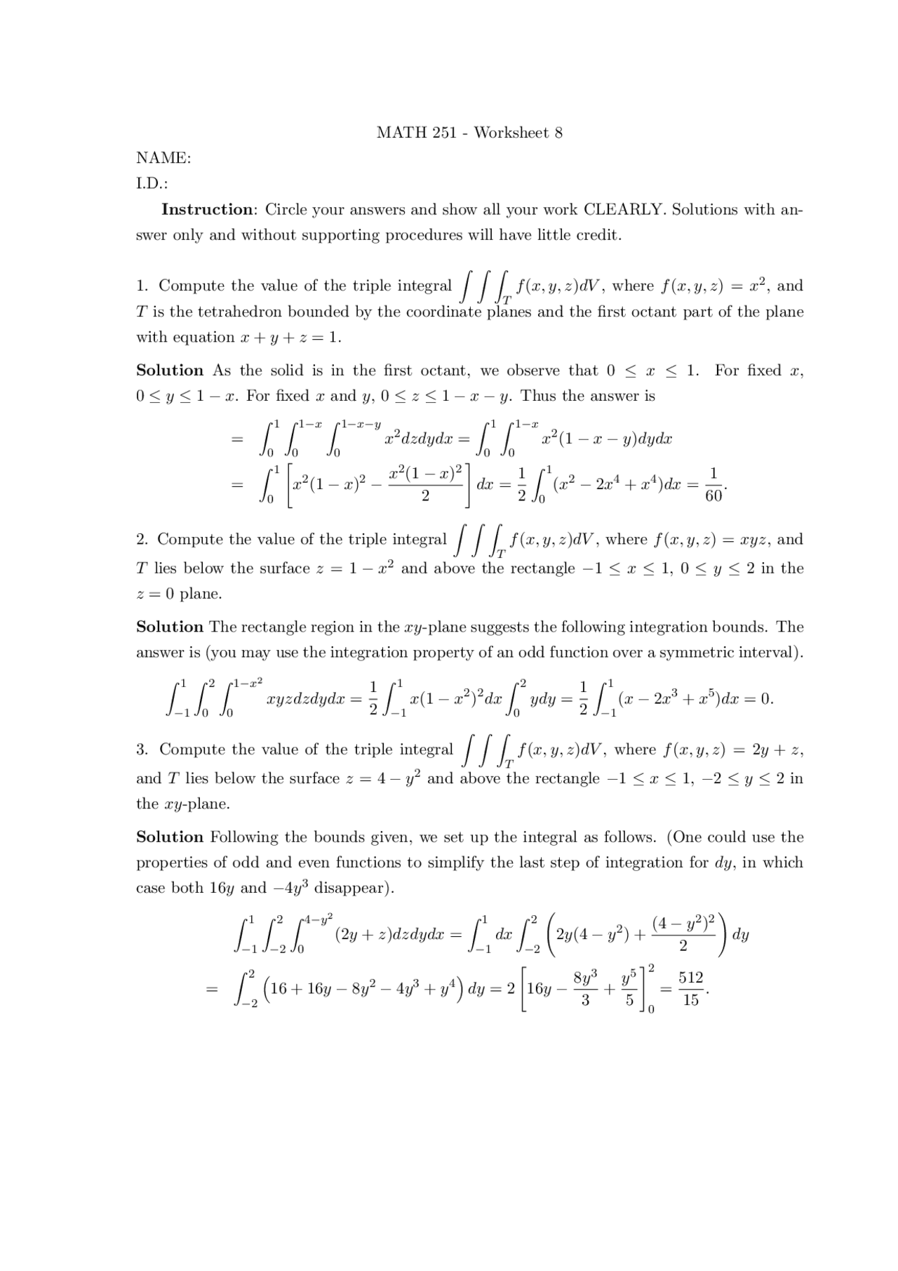 Worksheet #8 with Solutions - Multivariable Calculus | MATH 251 - Docsity