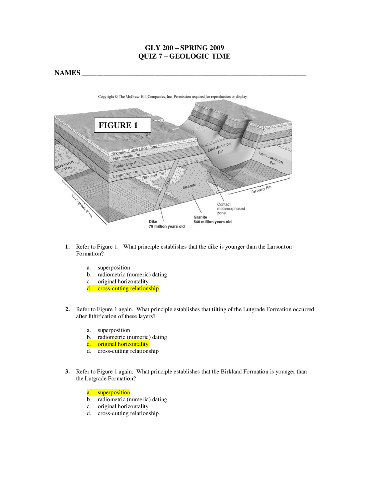 Geologic Time Practice Quiz 7 with Answer Key GLY 200 Quizzes