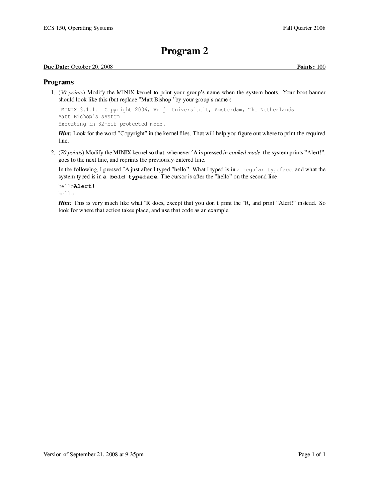 Ecs Program.pdf Program 2 for Operating Systems | ECS 150 - Docsity