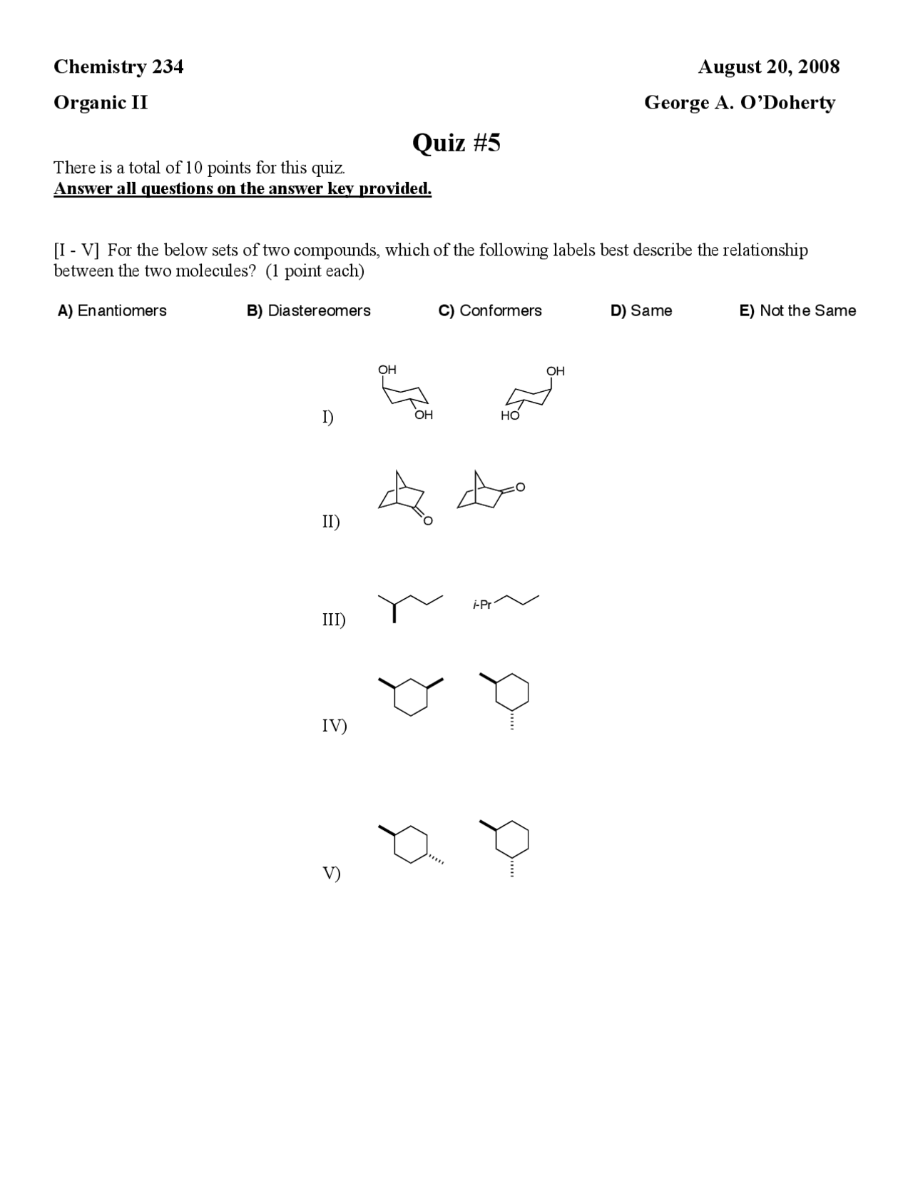 Sample Quiz 5 Problems Organic Chemistry CHEM 234 Quizzes