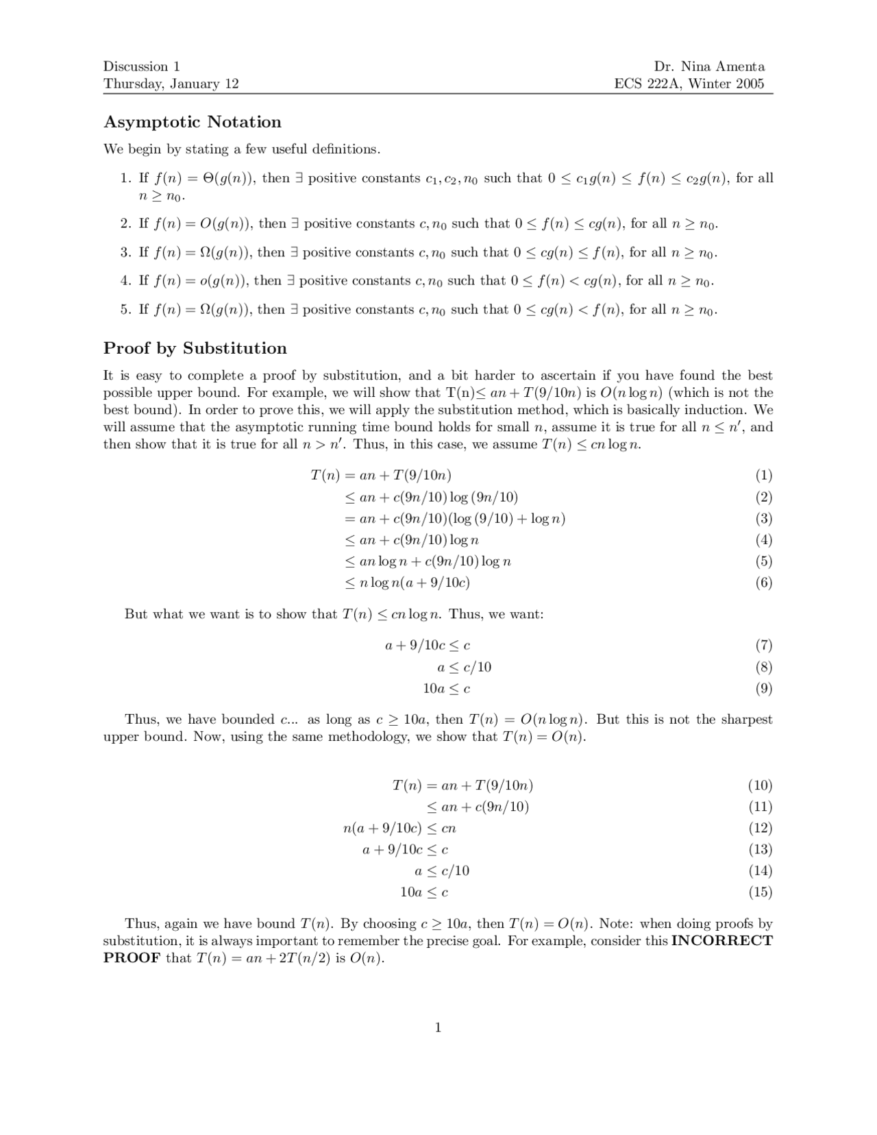 Notes on Asymptotic Notation - Analysis of Algorithms | ECS 222A - Docsity